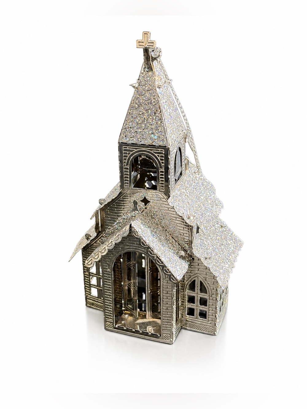 Vintage Hallmark? 4” Silver Metal Church Christmas Ornament Glitter Roof 2000s